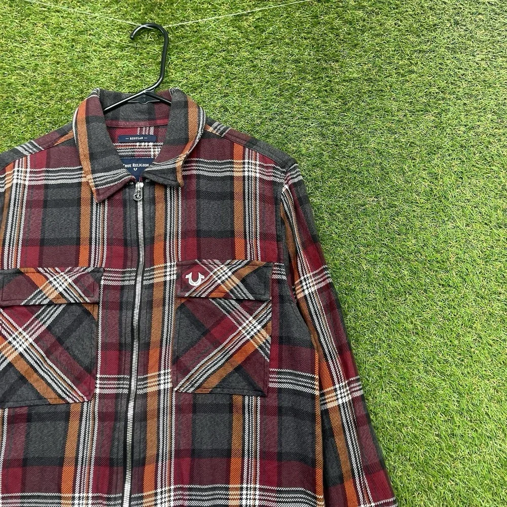 True Religion Jacket Shirt Mens Small Flannel Plaid Full Zip Autumn Long Sleeve